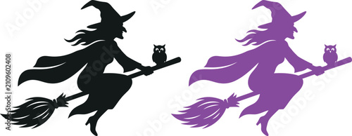 Photos Black and purple halloween witch silhouettes flying on broomsticks