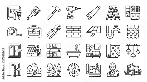 Home renovation line icons, 28 construction and house improvement vector elements, professional building tools and interior remodeling symbols