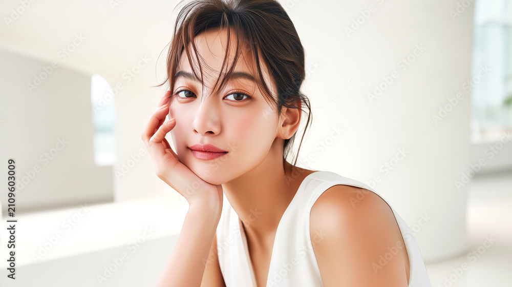 Naklejka premium 白いノースリーブを着た若い女性のナチュラルなポートレート