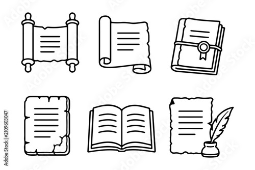 Minimalist outline book icon collection featuring open books, scrolls, documents, and quill pen. Editable vector set for education, library, publishing, reading, and learning concepts.