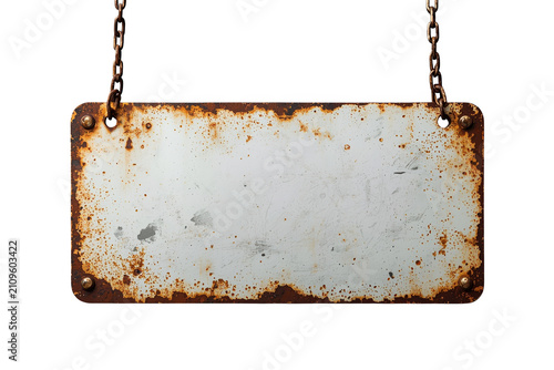 Blank rusty metal sign hanging on chains, providing an antique surface and copy space, isolated with transparent background