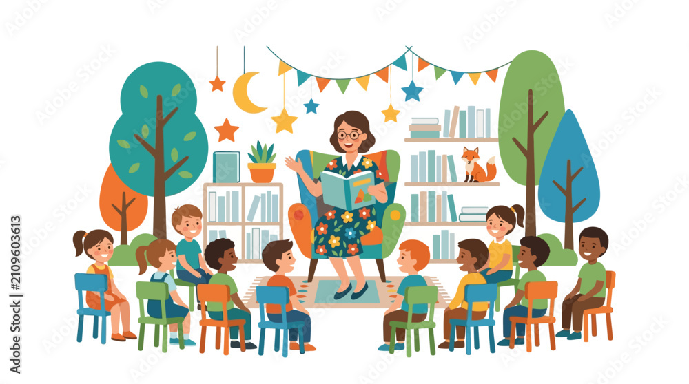 Fototapeta premium Female teacher reading book to diverse children during library storytime session flat vector illustration.