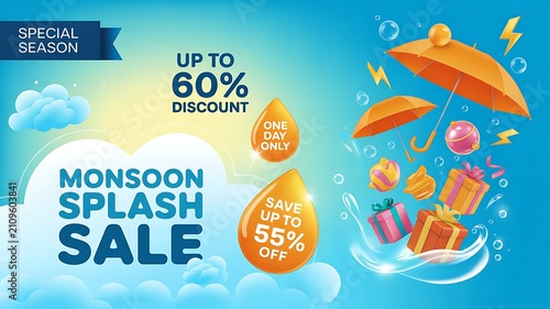 Monsoon splash sale banner with discount and gift boxes