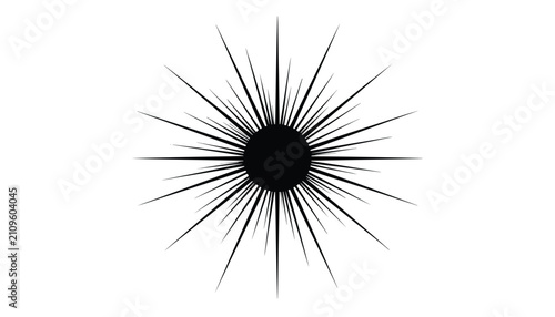 Dark sunburst graphic with sharp needle-like lines radiating from a central black circle on white background.
