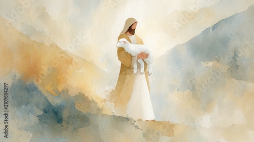 Good shepherd embracing lamb in a gentle watercolor landscape symbolizing care guidance and spiritual devotion