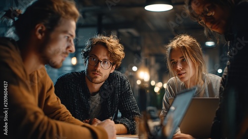 Diverse group of young professionals collaborating intently on a project in a modern workspace.