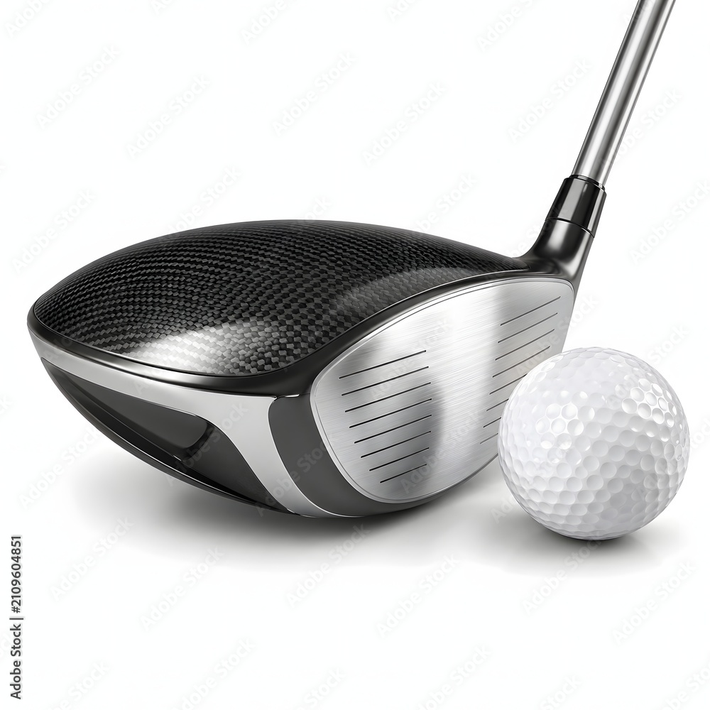 Fototapeta premium Modern golf driver club head with a dimpled white golf ball rendered on isolated backdrop. Perfect for golf club advertisements, tournament banners, sports training guides, and recreation websites.