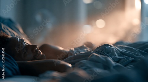 Man sleeping in an overheated bedroom during a tropical night with an electric fan, illustrating heat stress, poor sleep and climate change impacts on health