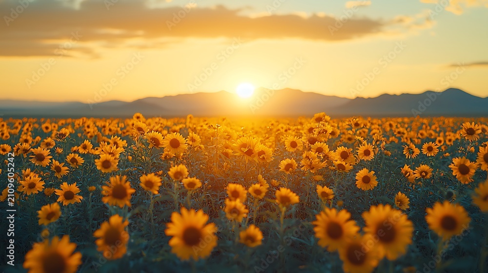 Obraz premium Golden sunset over a sunflower field with mountains