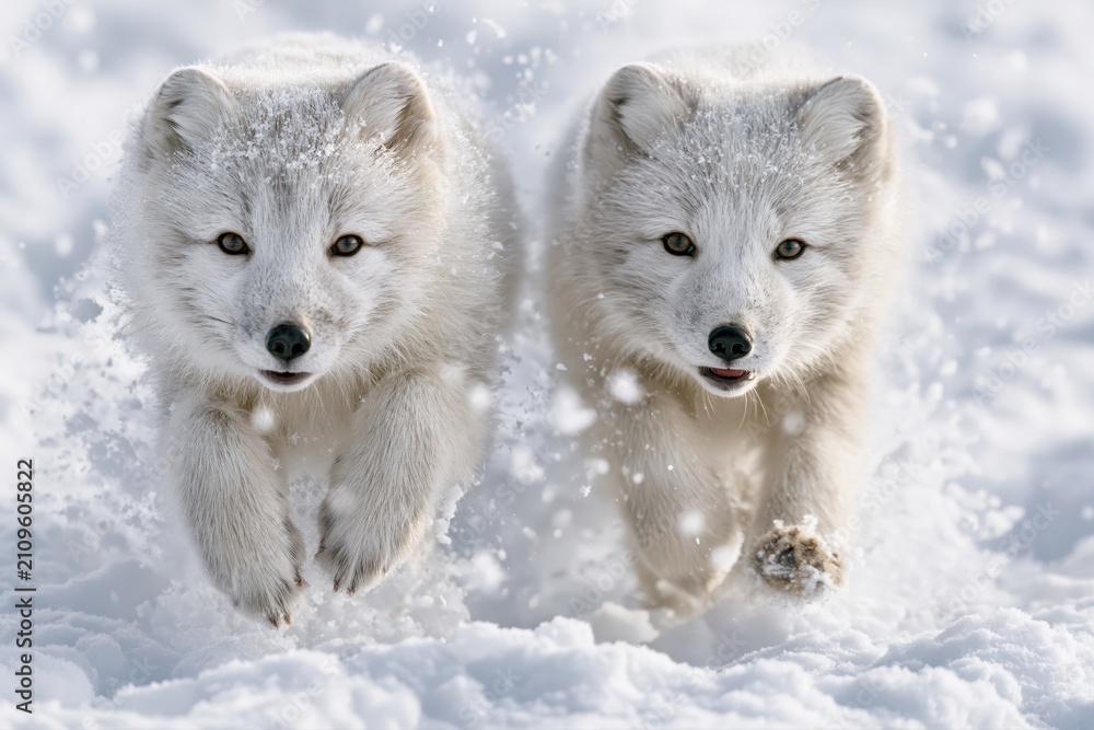 Obraz premium Two adorable arctic foxes playfully running through fresh snow, kicking up snowflakes in a winter wonderland.