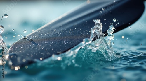 Primer plano de la pala de un remo de fibra de carbono cortando el agua cristalina