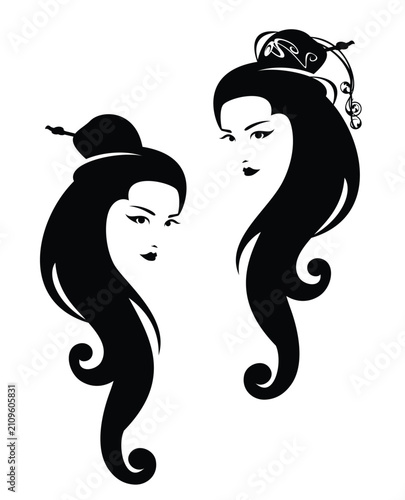 Bild auf Leinwand beautiful young chinese woman head with long hair wave and updo hairstyle with p
