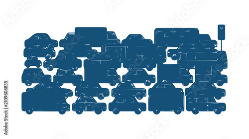 Tableau sur toile Crowded traffic jam of various blue car silhouettes on white background