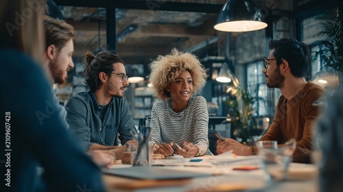 Diverse team collaborating and brainstorming ideas around a table in a modern office space