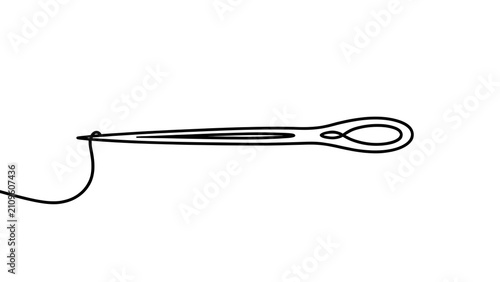 Black sewing needle with thread on white background.