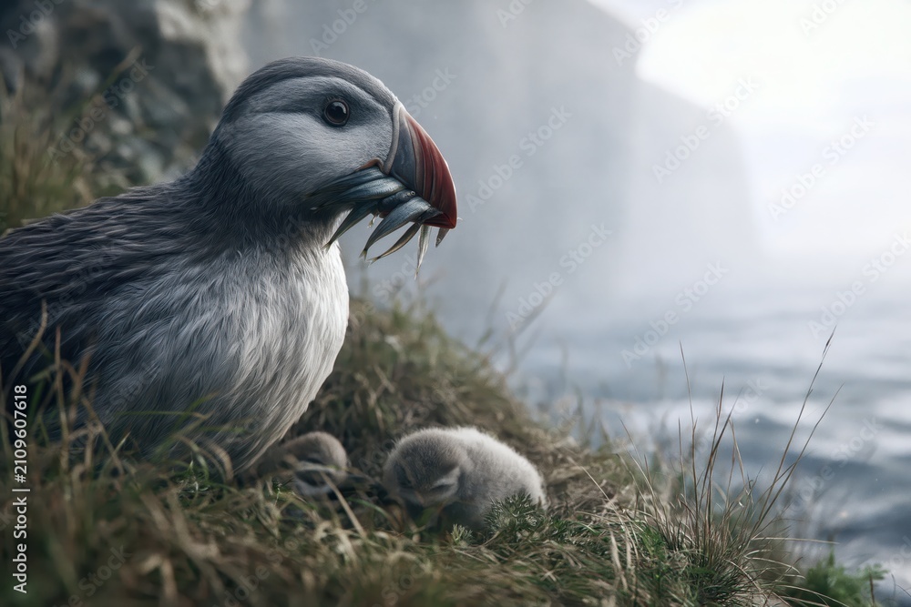 Fototapeta premium A parent puffin with a beak full of fish, tending to its fluffy chicks on a grassy cliff overlooking the ocean.