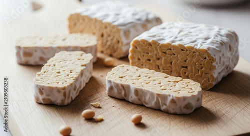 Raw Tempeh Blocks on Wooden Board, Healthy Fermented Soy Food