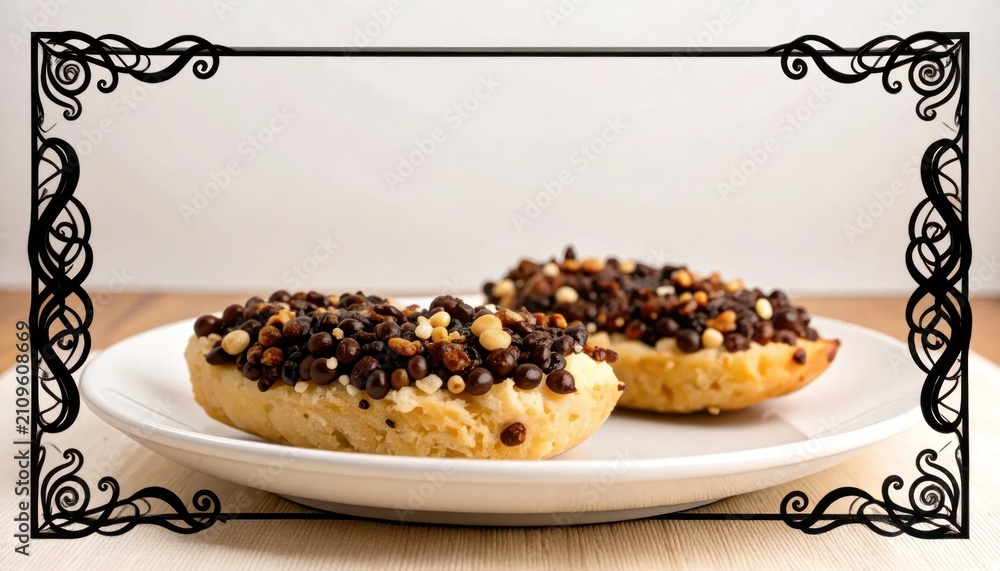 Obraz premium Chocolate chip buns on plate with full border.