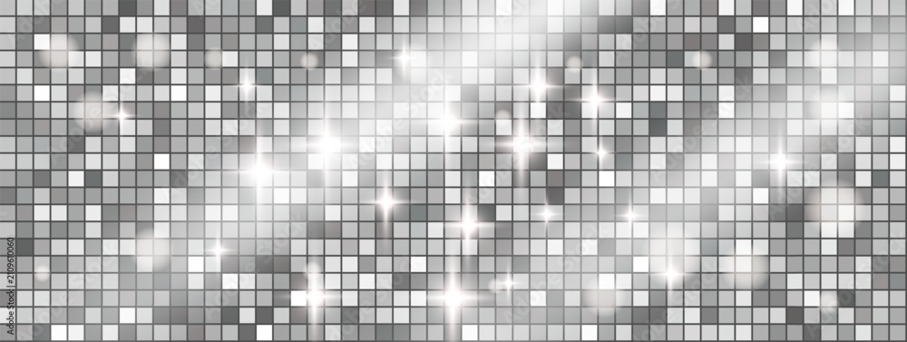Fototapeta premium Christmas party background with disco ball sparkle and silver glitter for holiday card. Shiny xmas mirror sequin on dance mosaic. Vector christmas holiday background pattern with festive shimmer