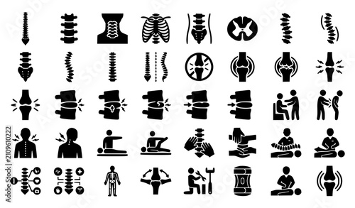 Foto Osteopathy and Spine Health Solid Icon Set with Backbone Scoliosis Joint Injury