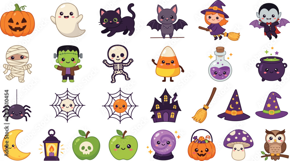 Obraz premium Halloween party icons set with spooky characters and decorations. Vector flat design elements for seasonal event invitations and social media graph...