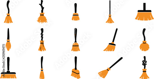 Obraz na płótnie Collection of various witch broomsticks and cleaning brooms isolated on a white