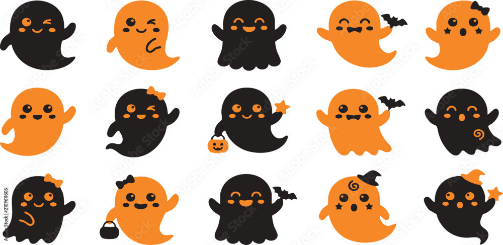 Fototapeta premium Set of cute cartoon ghosts in black and orange colors for halloween party decorations and sticker designs