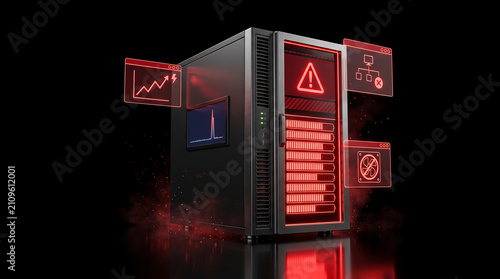3d server tower unit displaying red warning alert with glowing failure HUD icons representing hardware crash power overload and system breakdown on black background