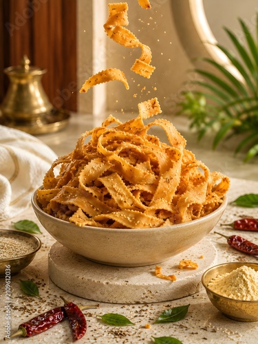 Crispy Indian Ribbon Pakoda Namkeen Snack with Flying Pieces