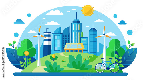 Sustainable city with wind turbines and solar panels. Eco friendly urban landscape illustration.