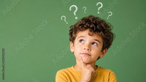 Curious Young Boy Deep in Thought Contemplates Ideas with Illustrated Question Marks Floating Above His Head Against a Solid Green Background
