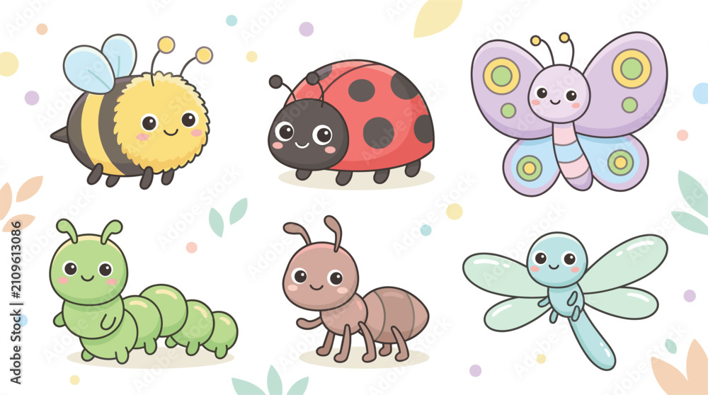 Naklejka premium Cute flat vector insect collection for kids . Fluffy bumblebee, red ladybug, pastel butterfly, green caterpillar, little ant, flying dragonfly, white background .