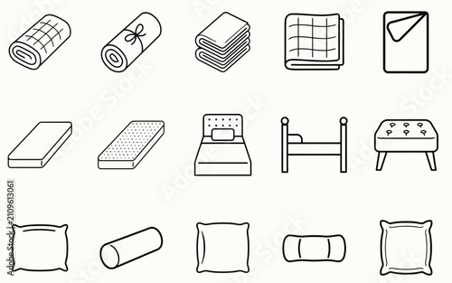 Bild auf Leinwand Bedding icon set line art vector symbols featuring rolled blankets folded quilts orthopedic pillows mattresses bed frames and ottoman bench