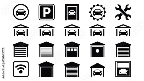 Car garage icon set featuring solid black vector symbols for parking lot auto repair service smart garage and vehicle shelter.