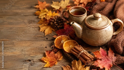 Cozy autumn tea setting with ceramic teapot warm drink cinnamon and colorful fall leaves on rustic table