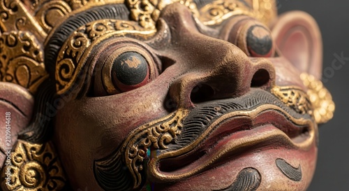Intricate Balinese mask close-up, cultural artwork detail, traditional craftsmanship