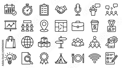 Business icons arranged in a grid represent corporate communication, strategic planning, and logistics.