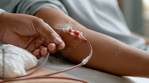 National Minority Donor Awareness Month: close-up photograph of a Hispanic patient's arm during blood donation, needle and tubing in precise clinical focus, sterile gauze and cotton visible nearby