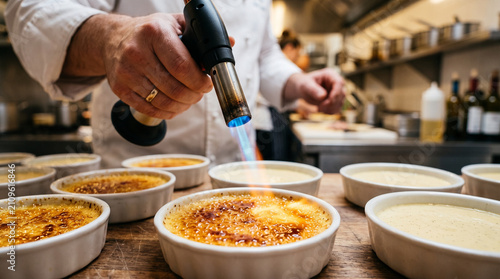 Chef Caramelizing Crème Brûlée with Torch in Professional Kitchen