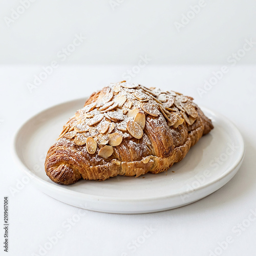 Freshly baked almond croissant on white plate. Gourmet pastry with sliced almond topping for breakfast or dessert.