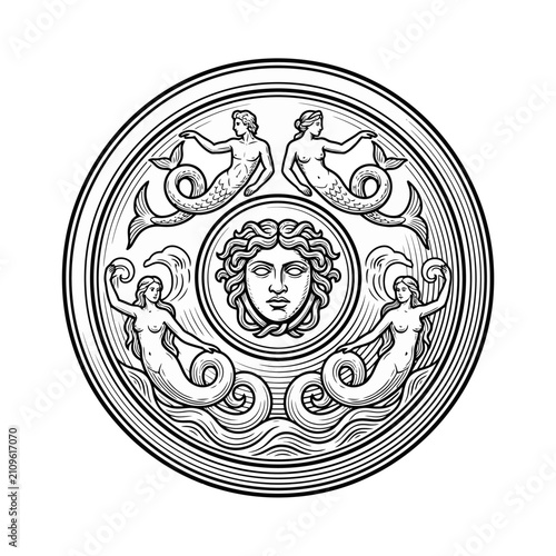 Ornate circular shield with Medusa and mermaids.