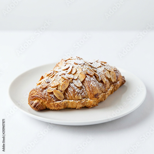 Freshly baked almond croissant slice on white plate. Gourmet pastry dessert with flaked almonds and powdered sugar topping.