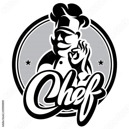 Vintage black and white chef mascot logo with mustache and toque making ok hand sign on a grey striped circle background.