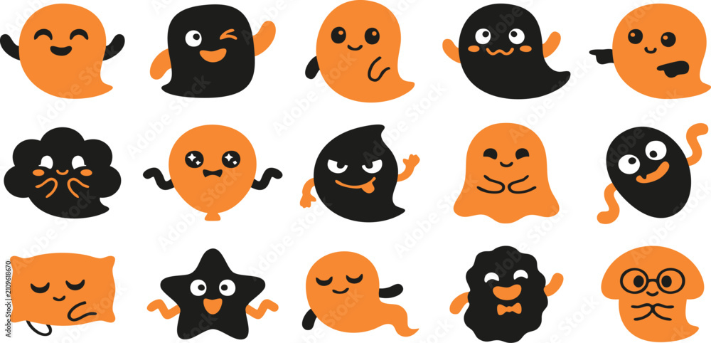 Fototapeta premium Set of cute hand drawn halloween ghost stickers in orange and black colors on white background
