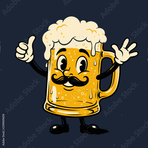 Smiling beer glass character with legs and mustache.