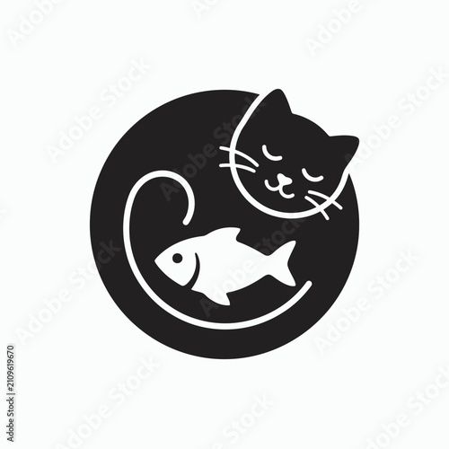 Sleeping cat and fish icon in black circle.