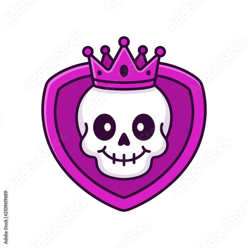 Smiling cartoon skull wearing purple crown on shield.