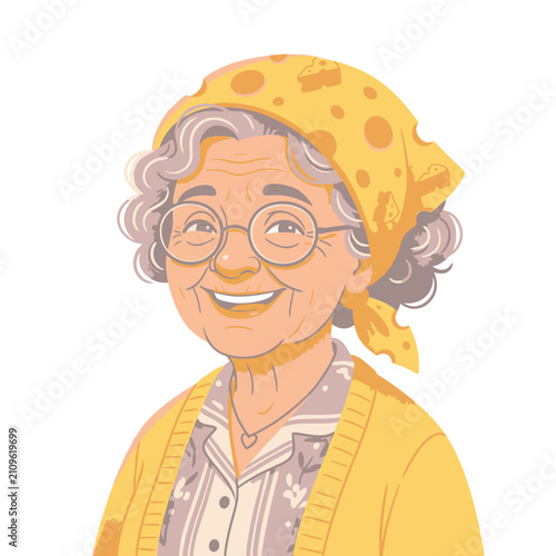 Smiling senior woman illustration wearing yellow bandana.