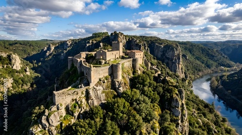 Aerial view of a medieval stone castle perched on a rocky mountain cliff
