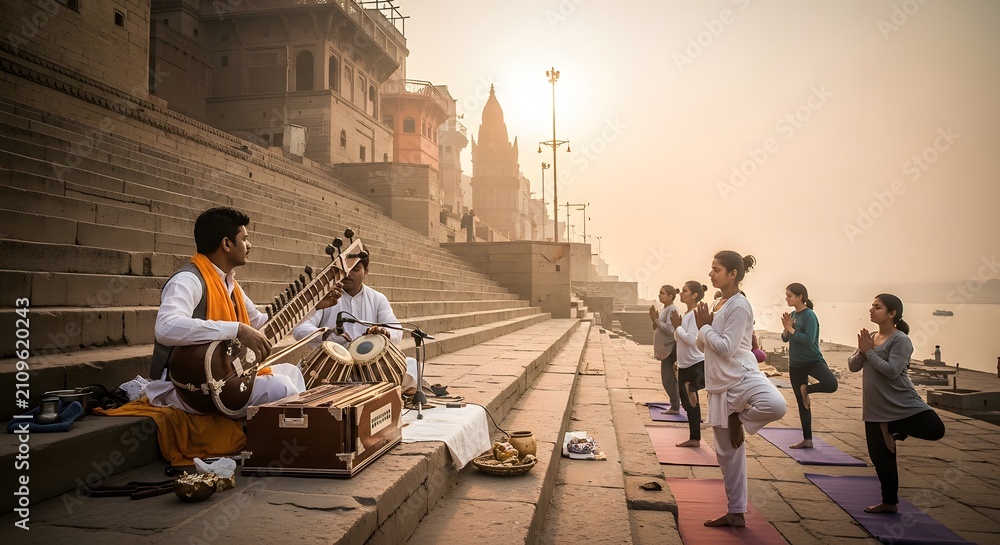 Obraz premium People practicing yoga and listening to traditional music on steps by the river at sunrise.